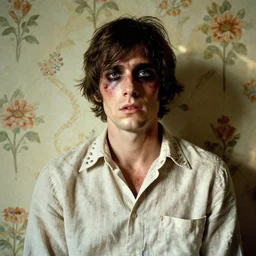 a beautiful but sinister man in layers of fear, with haunted eyes, wearing a linen shirt, 1 9 7 0 s, seventies, floral wallpaper, wilted flowers, a little blood, morning light showing injuries, delicate ex embellishments, painterly, offset printing technique