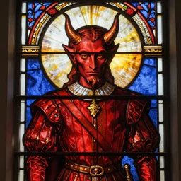 Stunning stained glass window depicting a regal portrait of the Devil in red doublet by Hieronymus Bosch.