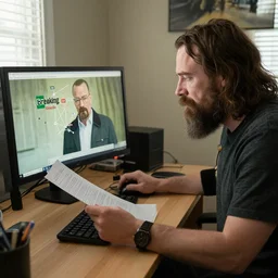 a strong bearded man with long hair at home desk with computer monitor studying paper networking still from the show breaking bad