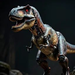 still of a cyborg T-Rex, red eyes, robotic extended arms, 4k, film grain, 85mm