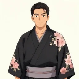A man wearing a black kimono with patterned pink flowers, digital art, illustration, anime