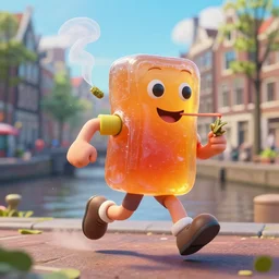 gumdrop man running around amsterdam smoking weed, 3 d octane render, studio ghibli, masterpiece, highly detailed, amazing quality