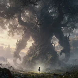 a beautiful terrifying tree monster looms over a tiny human in an epic location at dawn, ethereal fantasy art by greg rutkowski