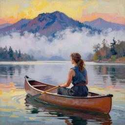 “ a woman sitting in canoe on the hudson river, mountains in fog background, vibrant colors, extreme detail, oil painting, by george bellows ”