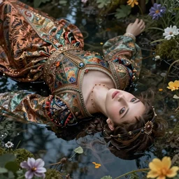 artistic portrait of an medieval princess, wearing ornate robes, beautiful eyes and lips, floating supine in a forest pond, flowers, art by artgerm and wlop and brom, highly detailed, 8 k, cinematic, digital painting, sharp focus, illustration, masterpiece