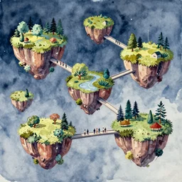 The mixed mediart shows a group of flying islands, each with its own unique landscape, floating in the night sky. The islands are connected by a network of bridges, and a small group of people can be seen walking along one of the bridges. watercolor painting by Margaret Olley casual, rendered in UnrealEngine