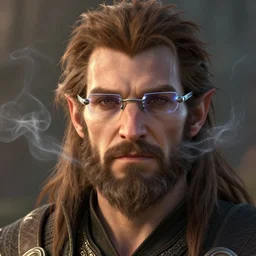 a stunning close up portrait of a handsome borg elf wizard with messy brown hair, futuristic eyeglasses, beard, whisps of smoke, uhd, rendered in octane then in cryengine, cgsociety, wow, ultra photorealistic, photorealistic cg, ultra, cgsociety artstation, candid photography, highly detailed, uhd, unreal engine 5, character concepts,