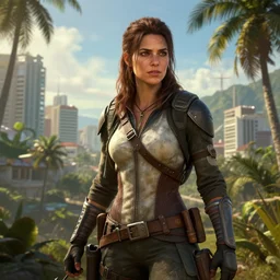 fallout 5, charismatic beautiful rugged brunette female protagonist, portrait, outdoors tropical cityscape, atmospheric lighting, painted, intricate, volumetric lighting, beautiful, daytime, sunny weather, few clouds, sharp focus, deep colours, ultra detailed, art by william turner, krenz cushart and wenjun lin