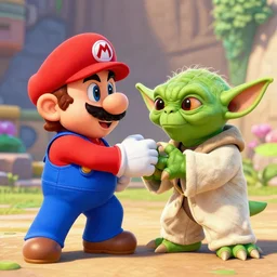 super mario battling yoda, detailed