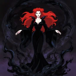 style of yoji shinkawa, don bluth : : gorgeous mary elizabeth winstead : : evil sorceress, swirling black magic, black dress : : symmetrical face, symmetrical eyes : : full body pose : : gorgeous red hair : : cinematic lighting : :