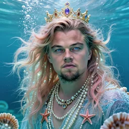 “ leonardo dicaprio portrait, fantasy, mermaid, hyperrealistic, game character, underwater, highly detailed, sharp focus, cinematic lighting, pearls, glowing hair, shells, gills, crown, water, highlights, starfish, jewelry, realistic, digital art, pastel, magic, fiction, ocean, king, colorful hair, sparkly eyes, fish, heroic, god, waves, bubbles, king ”