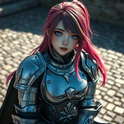 a masterpiece ultrarealistic ultradetailed photograph of a lifelike real anime girl that is dressed in steel plate armor, gorgeous, surrounded by cobblestone, photoreal image, art by wlop, photoreal, colorful hair, highly rendered, blender, unreal engine, readable, extremely detailed, trending on artstation, sharp focus, 4 k, by artgerm