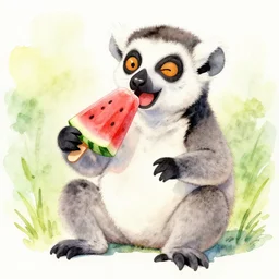 a bright happy bill waterson watercolour of a lemur eating a watermellon popsicle