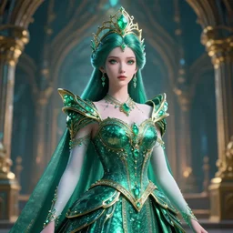 portrait of princess of emerald, majestic, ornate, intricate, hyper detailed, accent lighting, kingdom in background, dramatic light, 4 k octane render