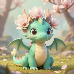 cute little dragon. magnolias on its head. in a fantasy world, fantasy, trending on artstation, laurel d austin, dave melvin, jordan grimmer