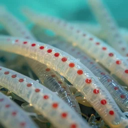 high quality close-up photo translucent gelatinous worms! gorgeous red dots highly detailed hannah yata elson peter cinematic turquoise lighting high quality low angle hd 8k sharp shallow depth of field