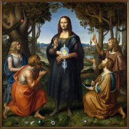 a ritual for endless electricity and creativity as imagined by leonardo da vinci and reinterpreted by bosch, oil painting
