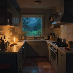 weird perspective epic illustration of a kitchen dim lit by 1 candle in a scenic environment by Peter Chan