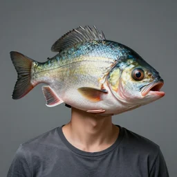 human with a realistic fish head instead of their head!