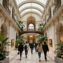 award - winning photo of a group of people walking around a luxurious indoor art museum, courtyards, plants, vaulted ceilings, bridges, multi - level, detailed, raytracing, gigapixel photo, 4 k