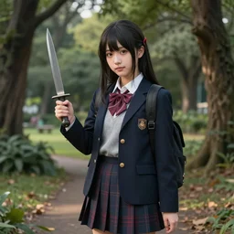 magical and mystical school girl holding a knife on a park, octane render, rembrandt, cgsociety, artstation trending, highly detailded