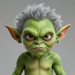 young green goblin portrait. strong goblin with grey hair.