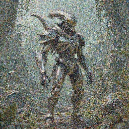 insectoid master chief in an exoskeleton suit on a deserted jungle planet, metallic hr giger themed