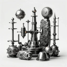 2 d illustration of ancient technology artifact made of steel and stone, with glow on some of its parts, monochromatic background, by afshar, petros