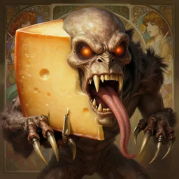 cheddar cheese with long sharp teeth and claws, forked tongue, volumetric lights, intricate, intense detail, digital painting, artstation, concept art, soft focus, cinematic, illustration, ugly face, style of h. r. giger, greg rutkowski, alphonse mucha, kentaro miura, 4 k