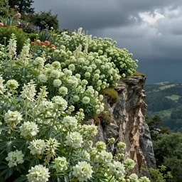 a gorgeous garden on the edge of a cliff filled with beautiful flowers in different shades of pale green, monet