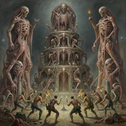 oil paint of 1 1 horrifying machines as autolysis ticks wearing flayed gods in tiers, colossal medical gangrene machines in tiers, dethroning / we machines / melee, battle pit, by shigeru komatsuzaki, by alberto bontempi, basil gogos, wayne d barlowe, stefano tamburini, torch light, muted colors, epic, hyper detailed