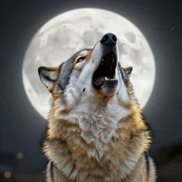 close up portrait of a howling wolf in front of the full big moon, fantasy digital art, high definition, 8k, high details, high quality, golden and silver colors, glowing lights in the background