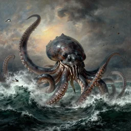 giant kraken with huge tentacles attacking fregate and wildly thrashing around in the waves of a stormy ocean, by jmw turner