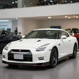 105mm photograph f1.8 full view mid distance front side view white Nissan GT-R showroom beautiful lighting from 1998