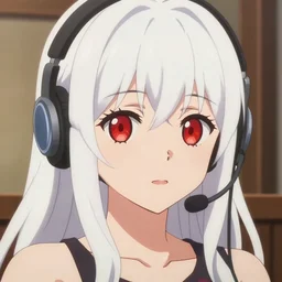 high quality anime visual of a cute girl, with red eyes!!!! and long white hair!!!! wearing a headset in her room interior, art by makoto shinkai, crunchyroll, pixiv, danbooru, hd, detailed anime face, cel shaded, smoothed lip line, digital art, hd, ambient light