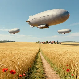 immense wheat fields, a path, a small village, poppies, summer sky, large dieselpunk flying airships, matte painting, by rozalski and peter ilsted, artstation