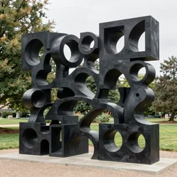 strange complex precarious black sculptures with an architectural aesthetic, by louise nevelson and richard serra, outside at the storm king sculpture park