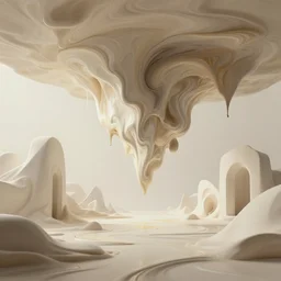 perfect abstract concept art landscape by james jean and bridget riley and apple, fluid simulation in houdini paint suspended in oil, anti - gravity, cinematic architectural scale, volumetric, beige cream natural muted tones, trending on artstation, rendered in octane, cgsociety