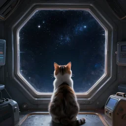 cat from behind in space station watching the stars trough a large window, digital painting, dramatic lighting, highly detailed, artstation, concept art