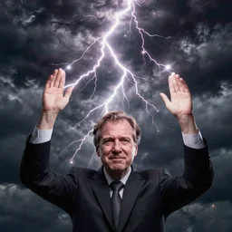 portrait of geert wilders, raising both hands, emitting lightning bolts, dramatic lighting, dark clouds, sinister