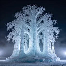 artwork of an massive ice sculpture of an overgrown forest, trees made of ice, night, fog, cold ambient light, artwork by gerald brom, beautiful, 4 k, masterpiece,