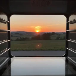 beautiful sunset from inside oven first person