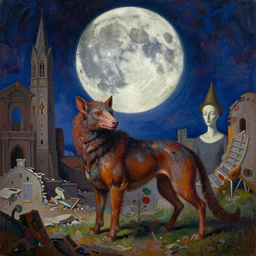 bright dramatic lighting colorful surrealist oil painting titled'now we will all be sisters of the fossil blood of the moon ', magical realism symbolist, ruined city landscape with hybrid animal protagonist, painted by grant wood and rene magritte and max ernst, shocking detail trending on artstation 8 k