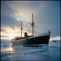 a tallship shipwreck frozen in the ice in the arctic, the setting sun under heavy clouds, dramatic sky, dramatic light, big format hasselblad photo