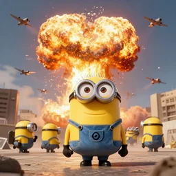 minion paratroopers with a nuclear explosion in the background, planes are bombing baghdad