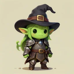 cute tiny goblin girl wearing hunter armor from Bloodborne and a wizard hat, geeen skin, d&d, drawn by shadman