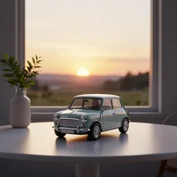 a small miniature of a Mini Cooper S 1963 on a white table near a vase with a plant near a window at sunset, 3d render, unreal engine 5, octane render, 4k, low contrast, ray tracing, serene landscape, calm, relaxing, beautiful landscape, highly detailed, high quality, product photo, hyperrealistic, concept art, symmetrical, centered, godrays
