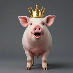 studio photograph of a happy pig wearing a gold crown depicted as a muppet standing full body