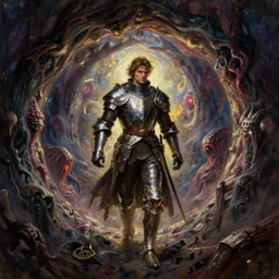 an arrogant knight steps casually into the abyssal portal, only to be met with unimaginable horrors from beyond, his body and mind are completely annihilated as he witnesses the end of time, dark fantasy, oil painting, high detail