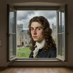 museum painting, wide - shot, realistic face, beautiful teenager young man, with shoulders - length!!! brown hair tied!!, grey eyes, wavy, clothes of 1 8 th century, near the open window in a castle, bad weather, clouds and rain outside, sharp focus, highly detailed, digital art, matte painting, masterpiece, by artgerm, by greg rutkowski